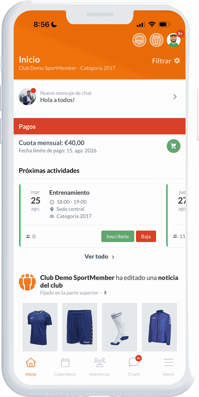 El inicio del club en la app de SportMember