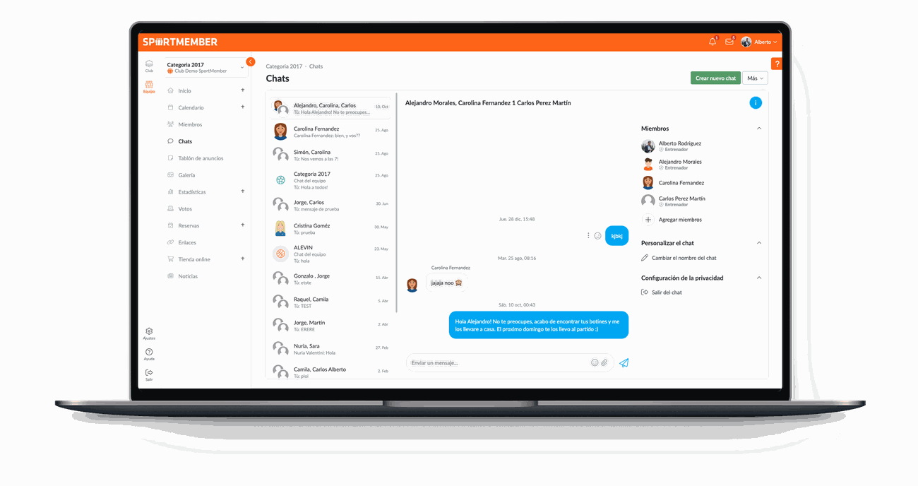 Los chats del equipo en SportMember desde el ordenador